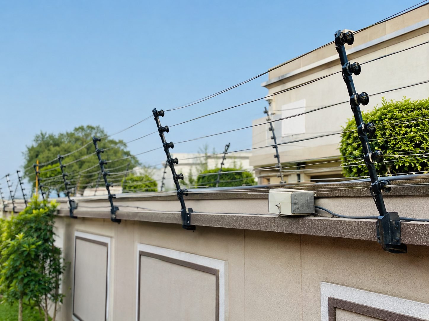 Electric security fence strands, insulators and mounting brackets on a boundary wall in Islamabad