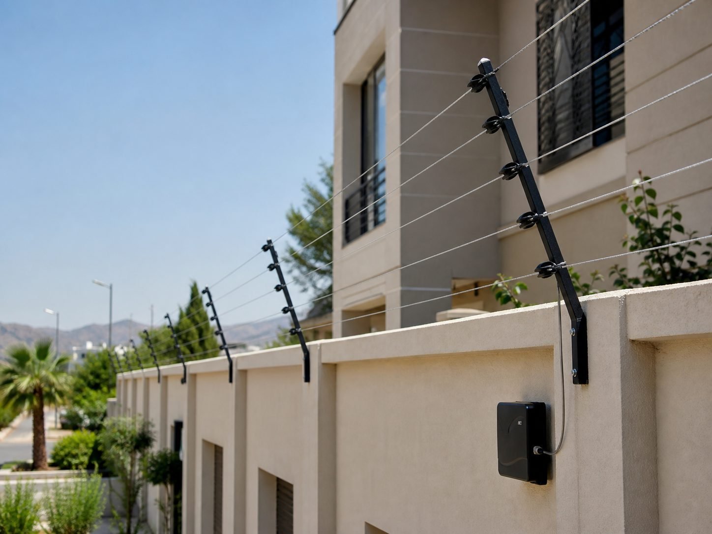 Wall-top electric fence system with energizer for residential perimeter security